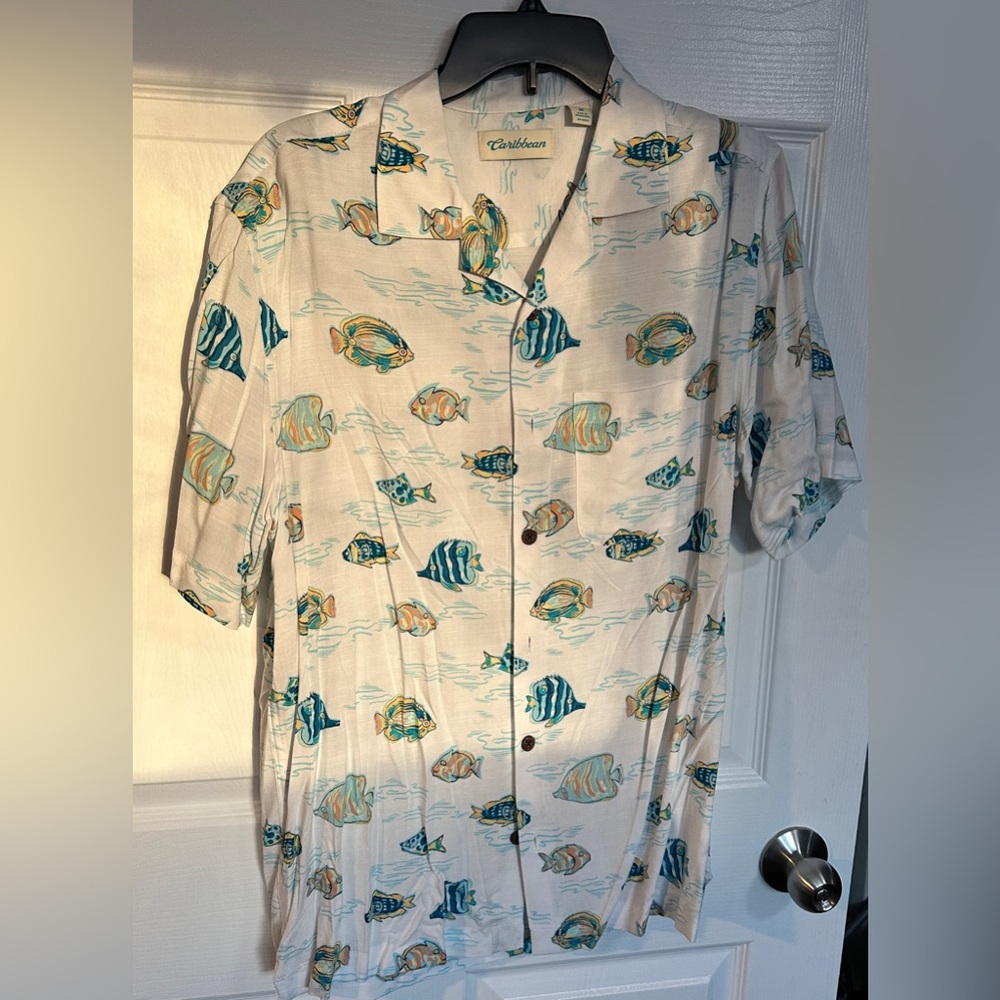 Caribbean Aquatic Print Shirt with Blue and Yellow Accents